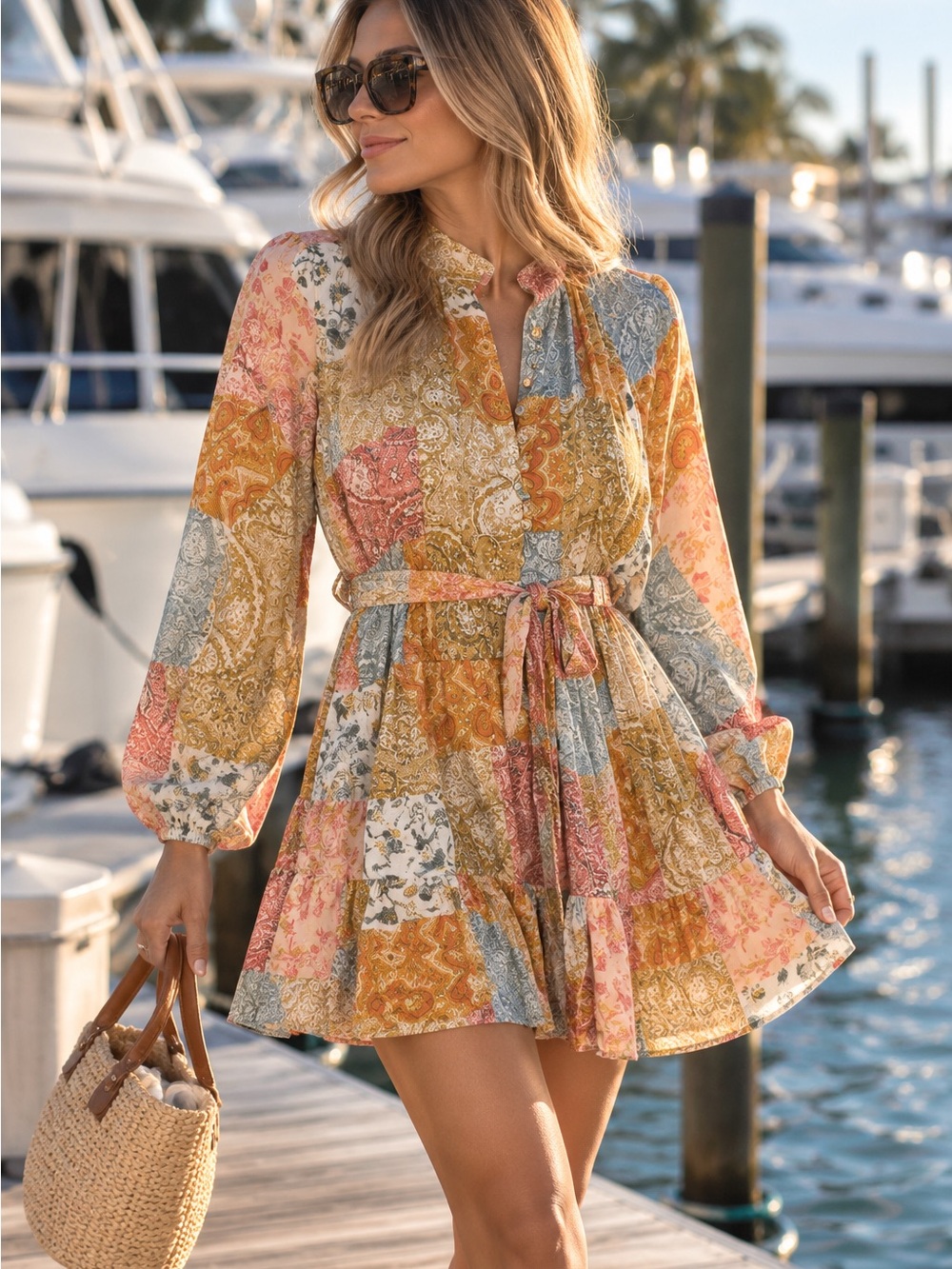 Petal + Pup 🌸 Patchwork Floral Long-Sleeve Belted Mini Dress - Multicolor